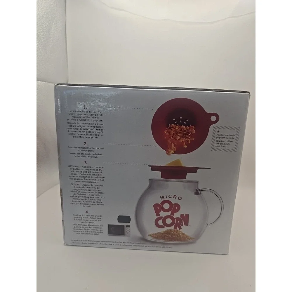 LaRoma Family Size Glass Microwave‎ Popcorn Popper Red Lid Measures Melts Butter
